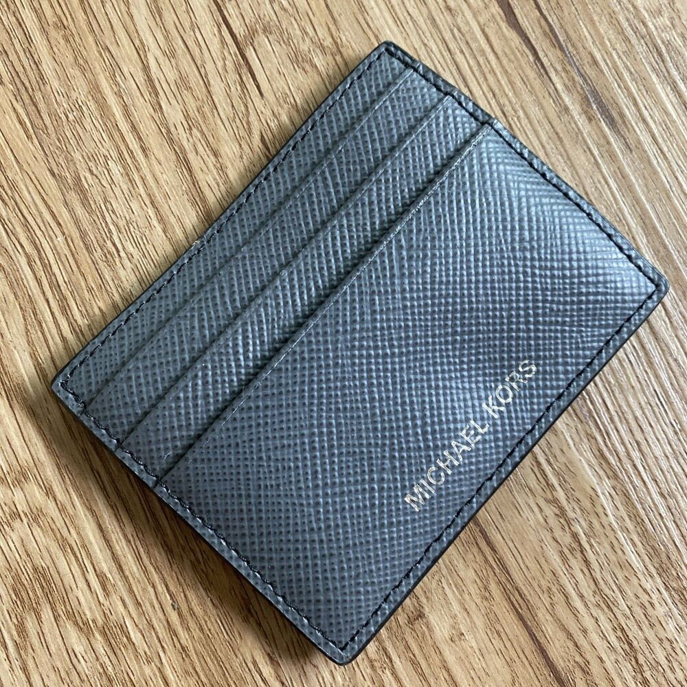 New Michael Kors Grey Pebbled Leather Slim Card Holder Wallet - 7 Slots